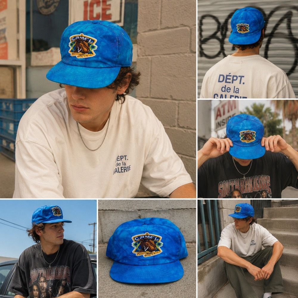 Vintage Joe Camel Smooth Character Snapback Hat Blue Tie Dye 90s Promo Cap Hat